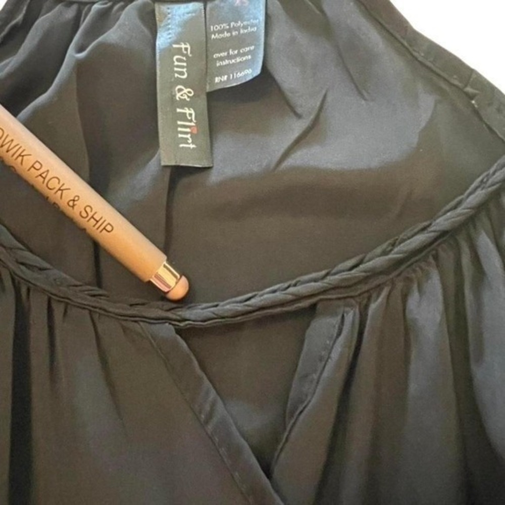 Mini black fun & flirt dress braided neckline, pockets, banded waist, XS - Picture 5 of 5